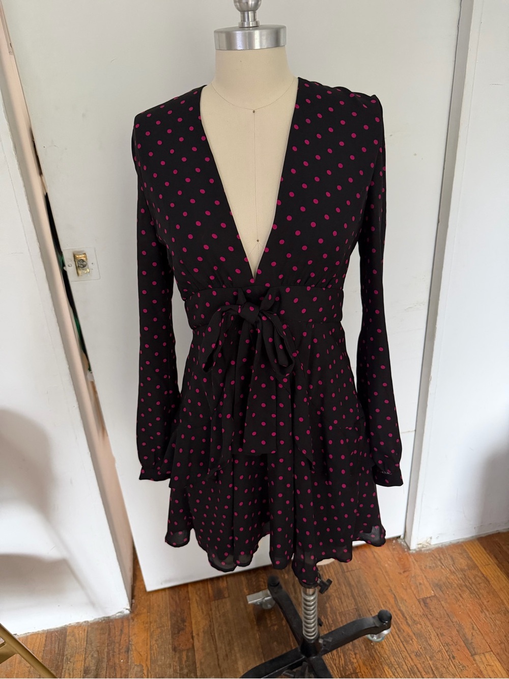 Wayf Black Mini Dress with Pink Polka Dots